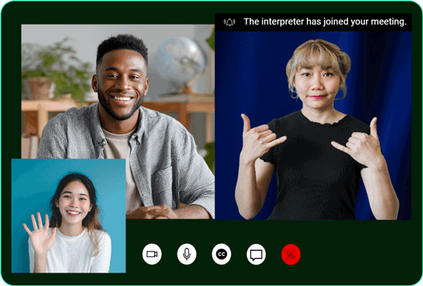 computer screen of diverse job seeker, recruiter and sign language interpreter talking in a video meeting