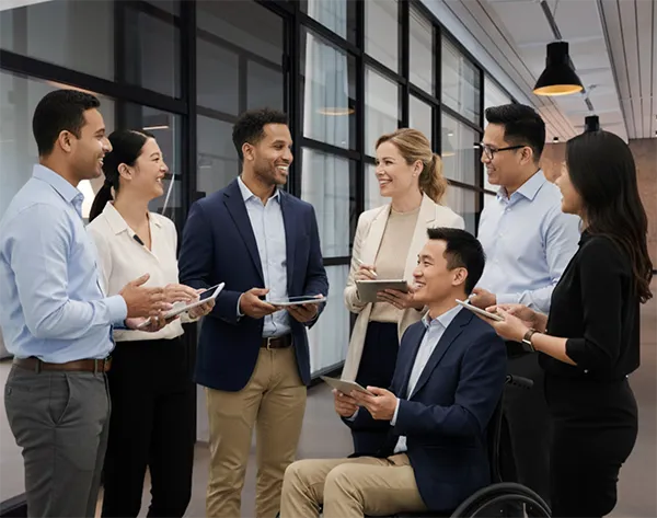 diverse people standing in hall with man in wheelchair center